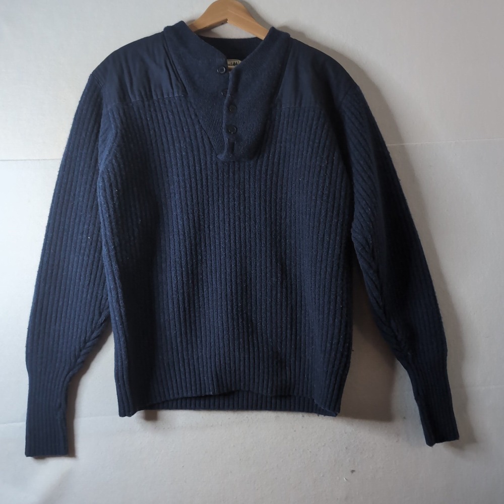 LL Bean Commando Sweater Mens XL Navy Blue Merino Lambswool Henley Ribbed 228198